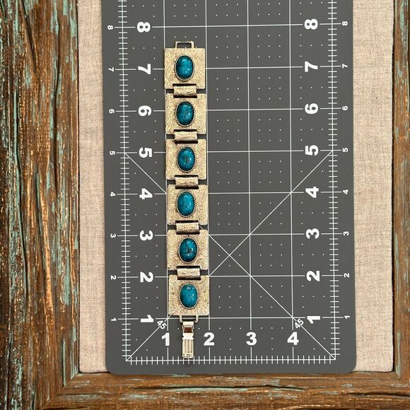 Vintage Etched Silver Tone Square Panel Blue Oval Faux Turquoise Bracelet 7" - Picture 5 of 9